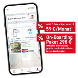 Ein Handy ist zu sehen, auf dem die Startseite der WEPA-App geöffnet ist. Am rechten Rand sind zwei rote Infokästen.